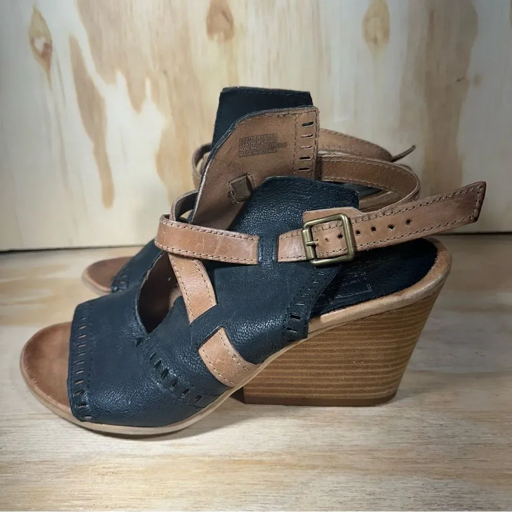 Miz Mooz Kipling Leather Black and Tan Wedge Sandals Women’s Size 7.5
